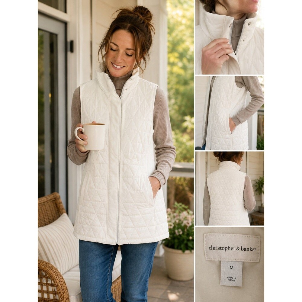 Christopher & Banks Ivory Quilted Long Vest Women’s M Zip Snap High Collar